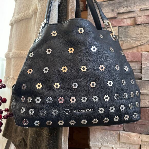 Michael Kors Black Leather Raven Silver Flower Stud Large Shoulder Tote Purse - Picture 9 of 16